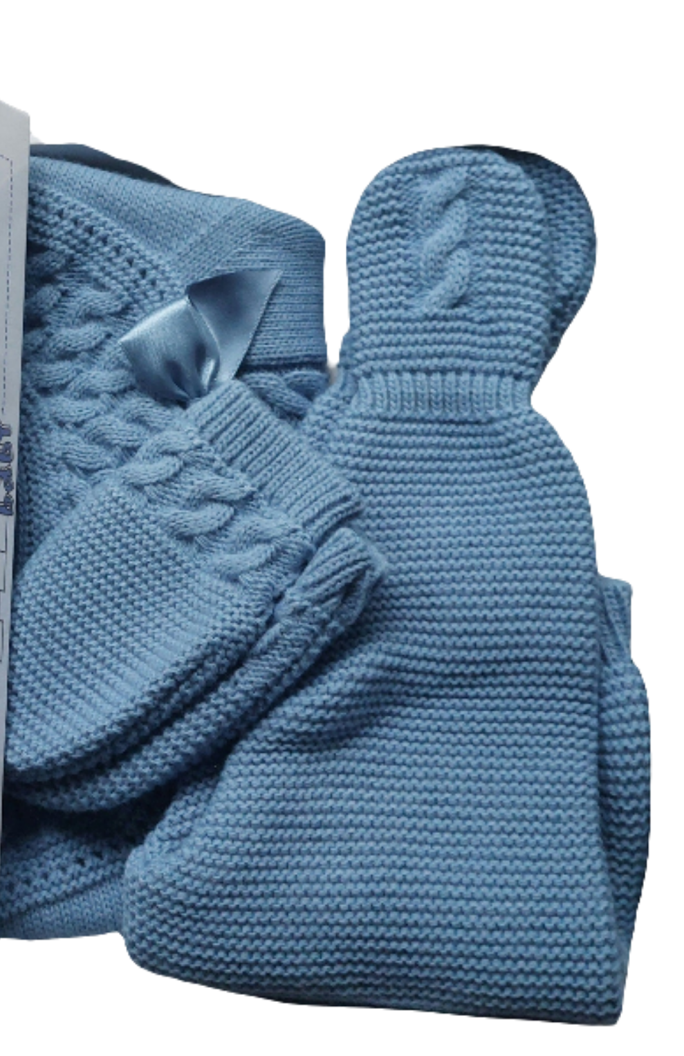 Driedelige uit Portugal: Truitje, muts en een broek met voetjes kobaltblauw. Fairtrade geproduceerd.Zit in geschenkverpakking.