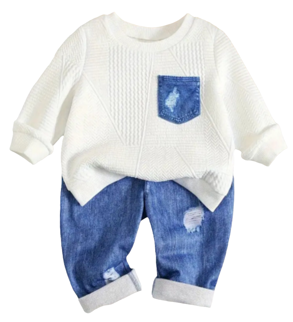 Witte trui met broek in denimlook. Leuk in combinatie met de denim gymp