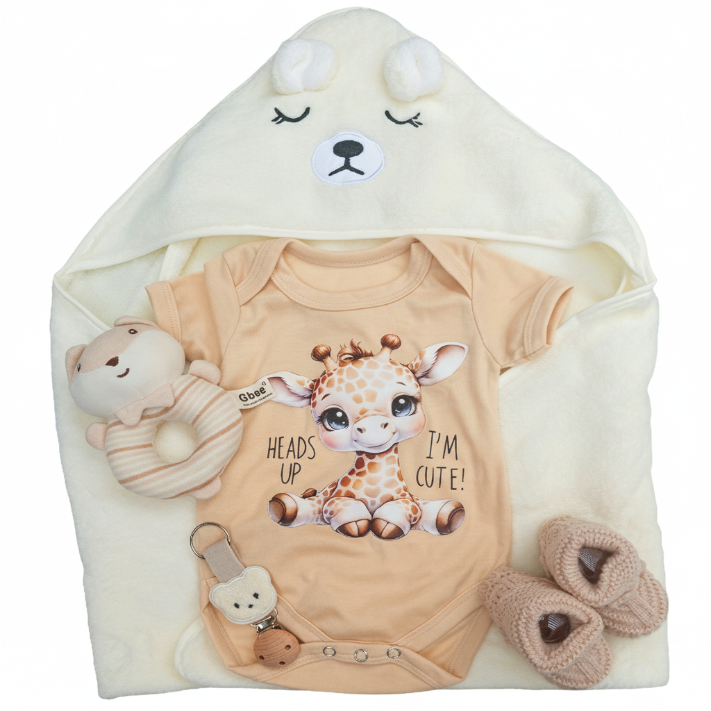 Dit kraam of babyshowerpakket bevat de volgende items: Een mooie bad-cape, een paar warme slofjes, een rammelaar , een rompertje en een speenclip.In mooi cellofaan ingepakt.