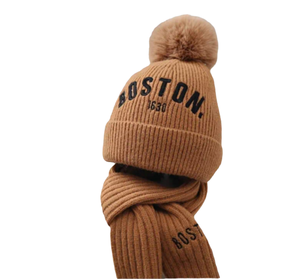 set muts en sjaal blauw,crème,koffie en zwart