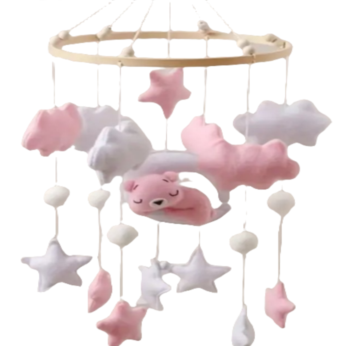 Een houten mobiel met stoffen elementen zoals wolken , sterren en de maan met een slapend beertje. In wit met roze boor in de box of boven de wieg of ledikant