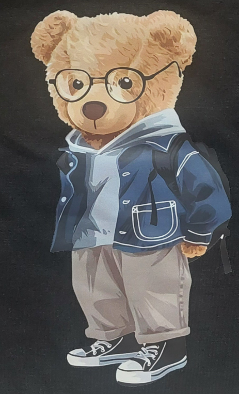 Tshirt zwart voor jongens: beer die naar school gaat