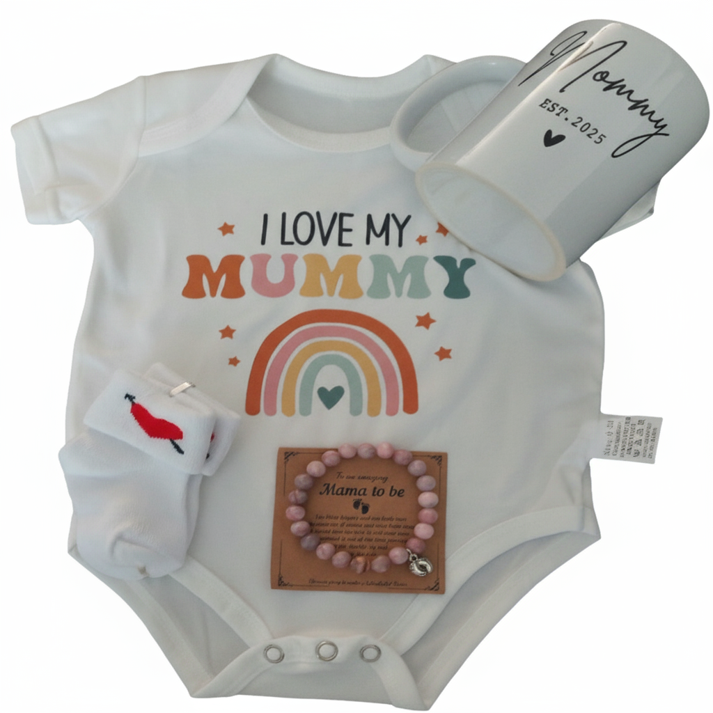 Een kant en klaar pakket om de nieuwe mama in het zonnetje te zetten. De pakjes zijn ingepakt en worden daarna in cellofaan gedaan. Het pakket bevat de volgende items: Beker, armbandje, sokjes en een romper.Vanwege de kwetsbaarheid zit de beker in een piepschuim verpakking. Dit om te voorkomen dat de beker tijdens levering kapot gaat.