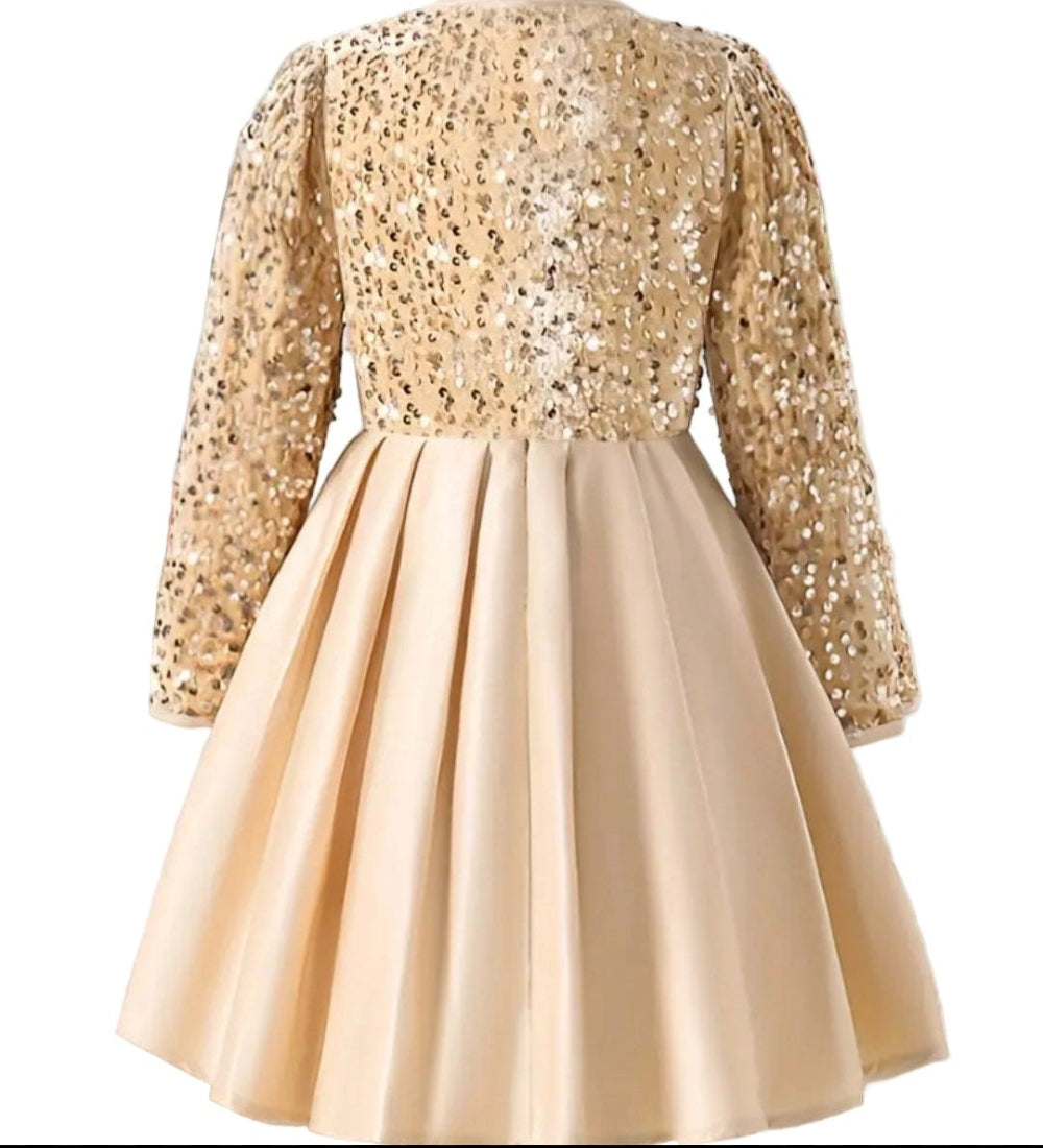 Avondjurk met pailletten bovenzijde en en wijde rok van satijnen stof. Met een grote strik aan de voorzijde. In crème en rood leverbaar.