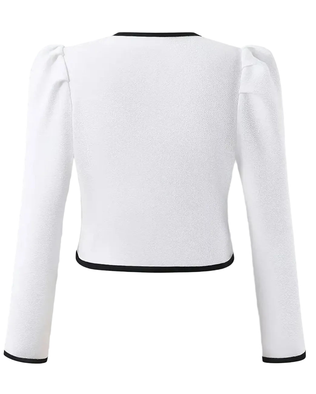 Mooi kort jasje voor over een avondjurkje. Wit met zwarte bies en pareltjes