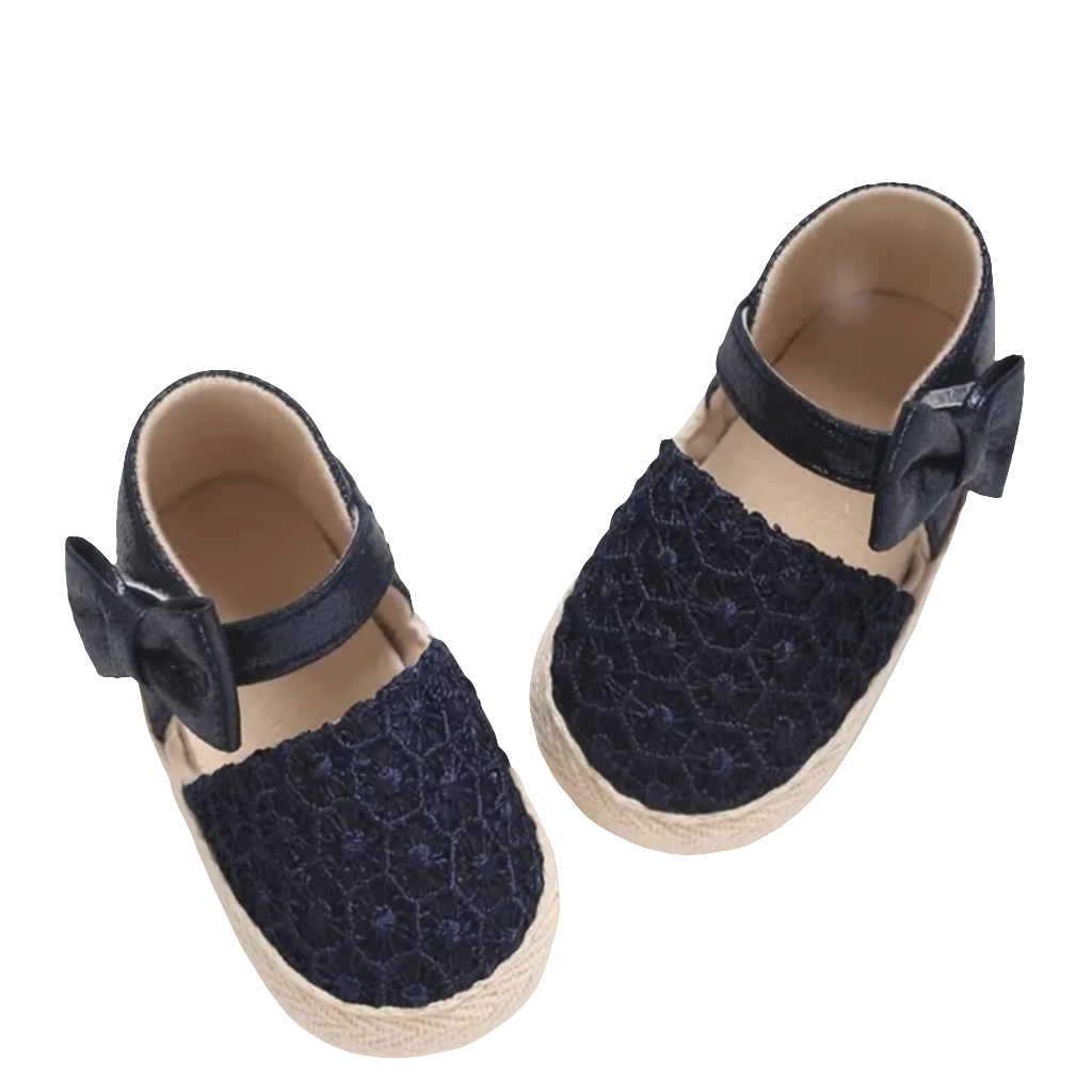 schoenen meisje marinekleurige stof met pu leer en strikje