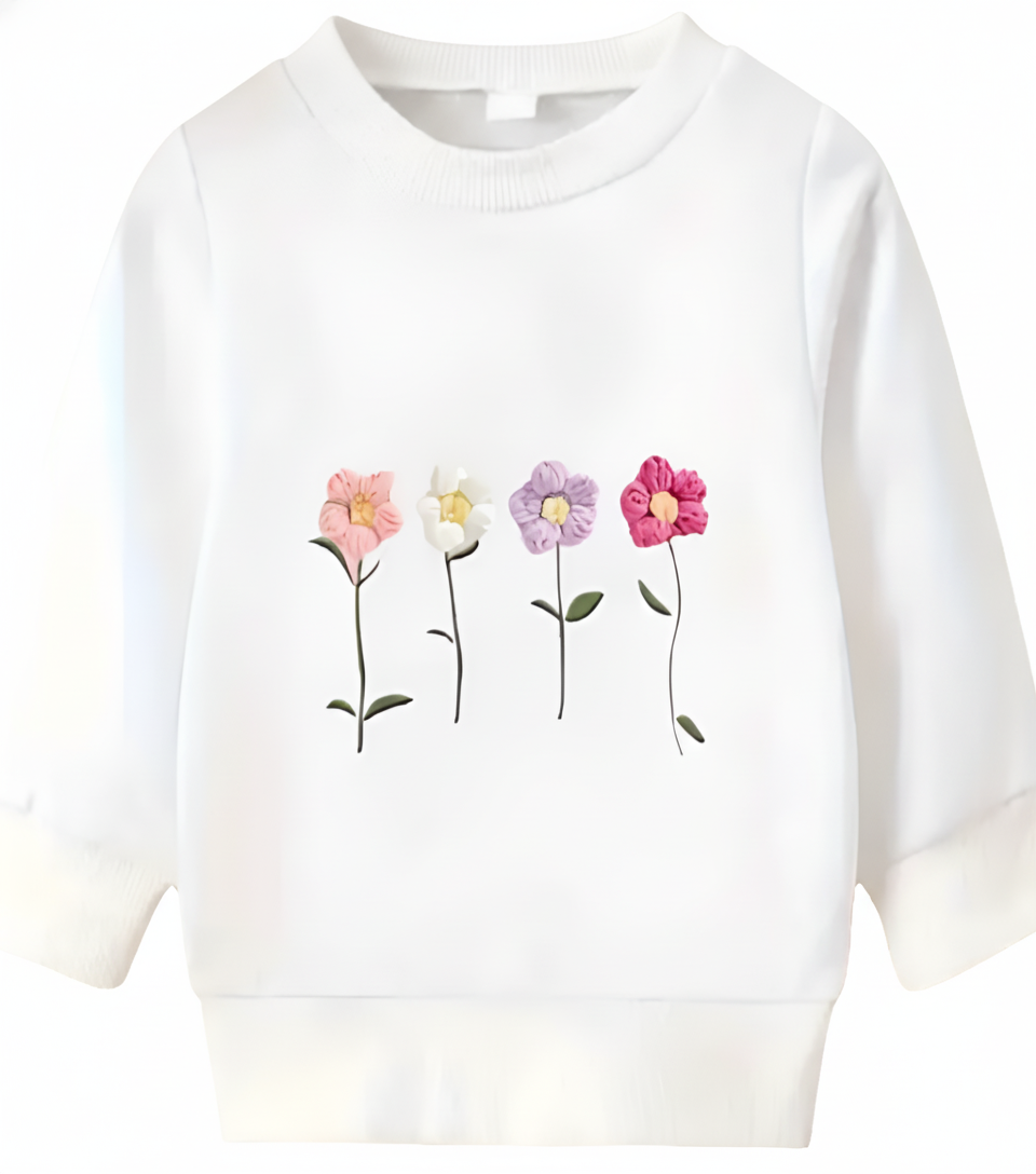sweater wit met 4 gekleurde bloemen