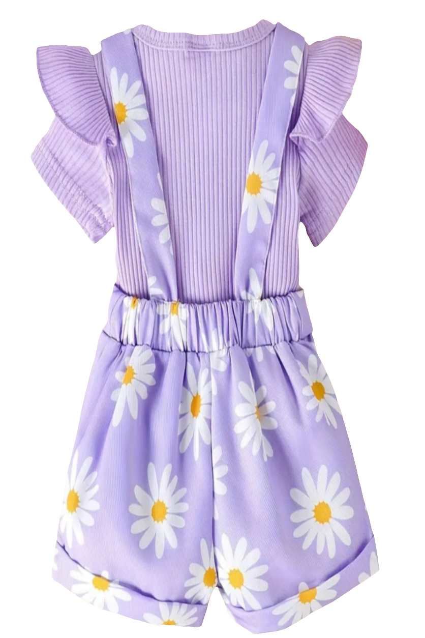 Tuinpak kort lila met madeliefjes en eeen katoenen body.Te combineren met de witte gympjes.