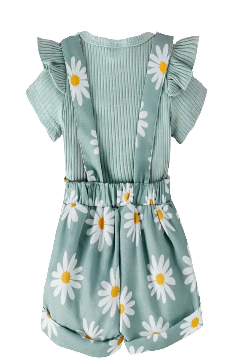 Tuinpak kort groen met madeliefjes met body van katoen