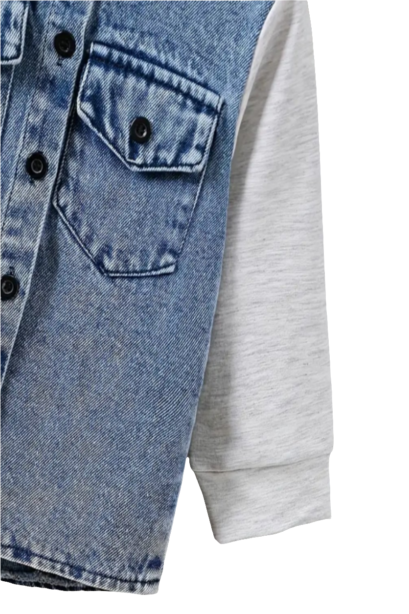 Denim blouse met mouwen en capuchon van joggingstof.