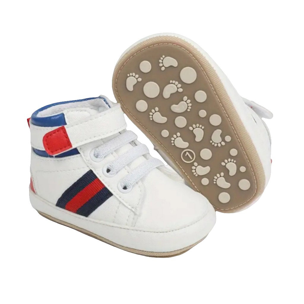 gymp hoog model wit met rood en blauw met klittenband