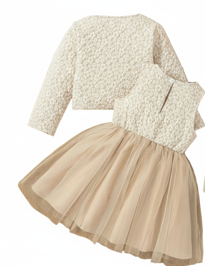 Kerst feest jurkje bovenlijf in jacquard patroon en bijpassend jasje en tule rok