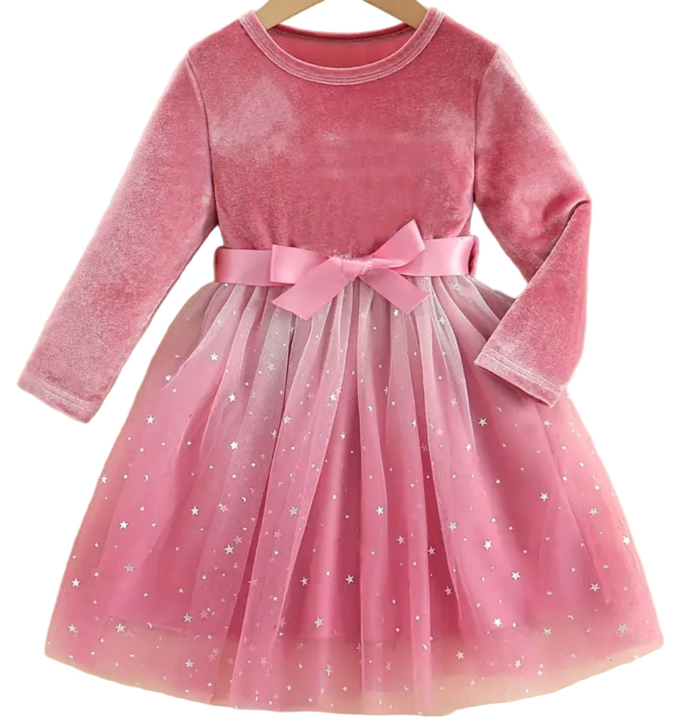 jurk roze velours met tule rok met zilveren sterren