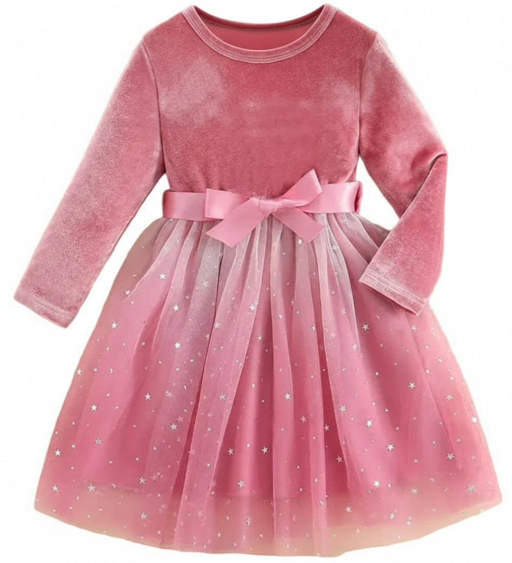 jurk roze velours met tule rok met zilveren sterren