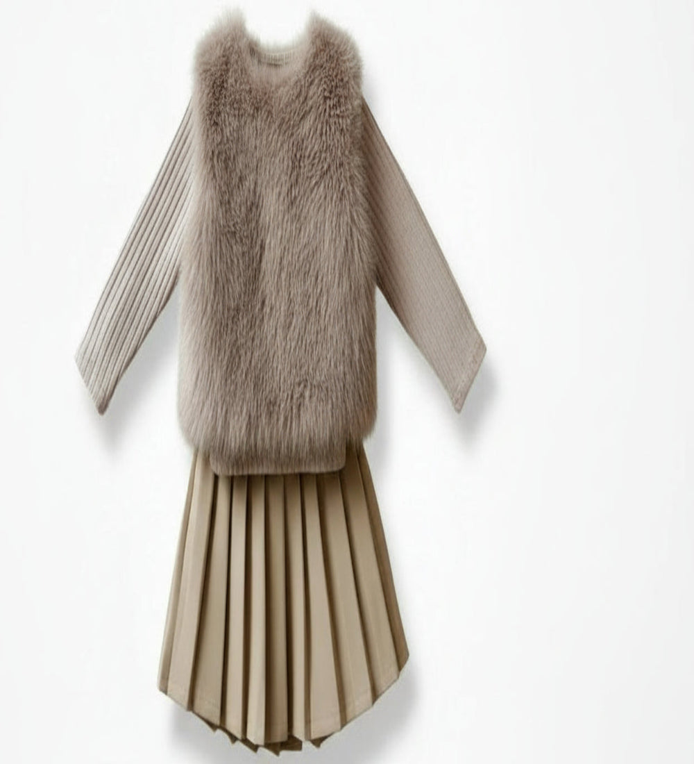 setje in beige :bestaand uit truitje met gilet met leren strik en een leren rokje
