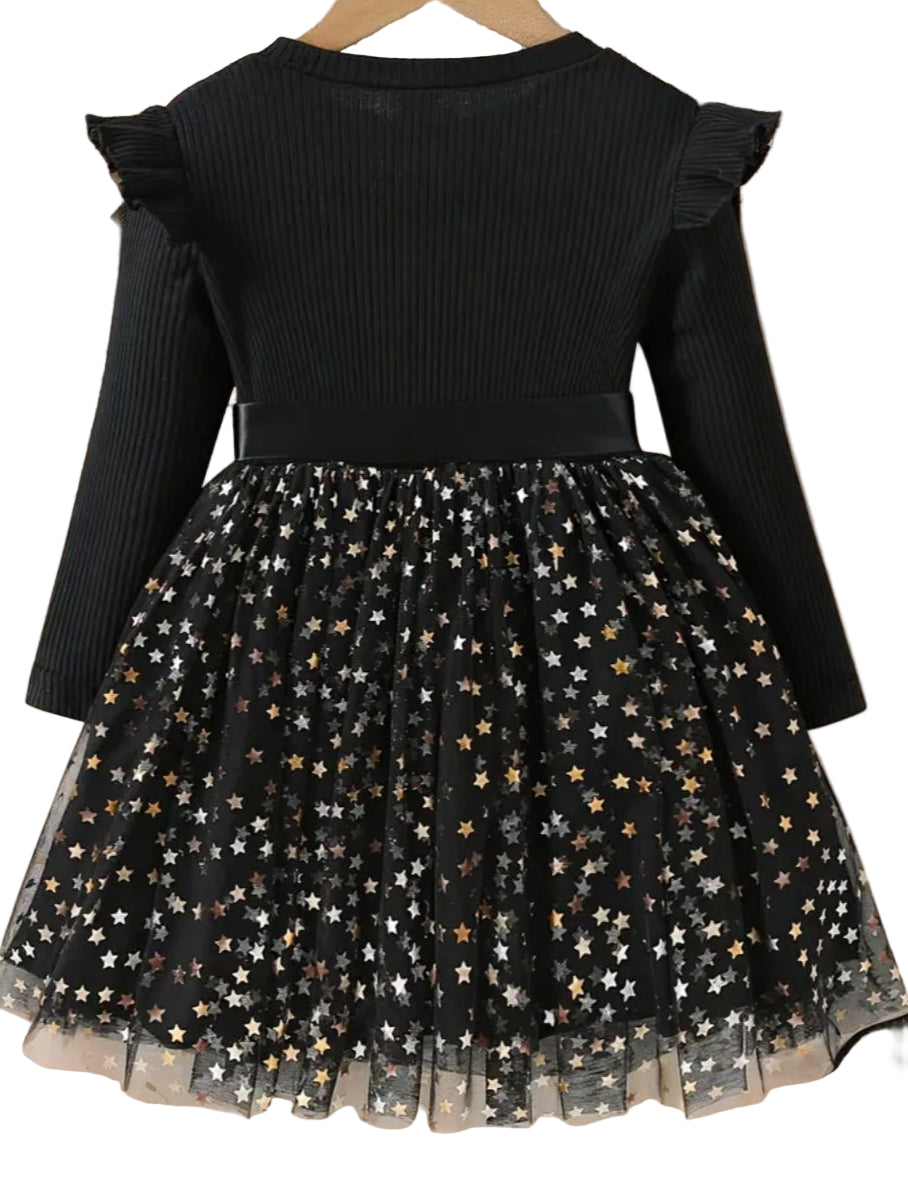 Jurk velours met tule met sterren zwart