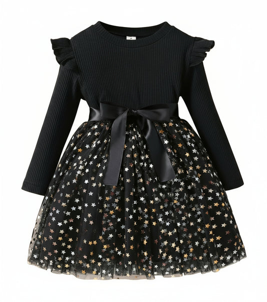 Jurk velours met tule met sterren zwart