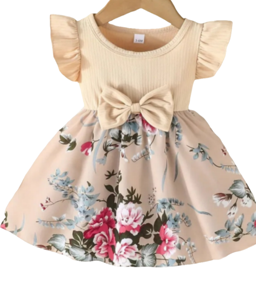 Jurk beige met bloemen en strik