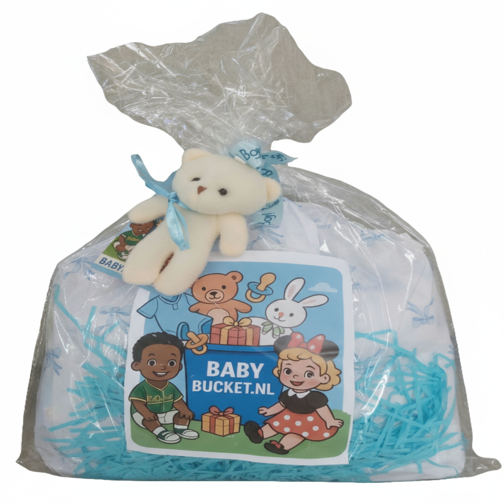 Opgemaakt doorzichtige cellofaan met 4 kadootjes: rompertje, verzorgingsdoosje, rammelaar of knuffeldekentje en een mutsje met wantjes. De kadootjes zijn geheel ingepakt in mooi vloeipapier met papierrafia op kleur.

