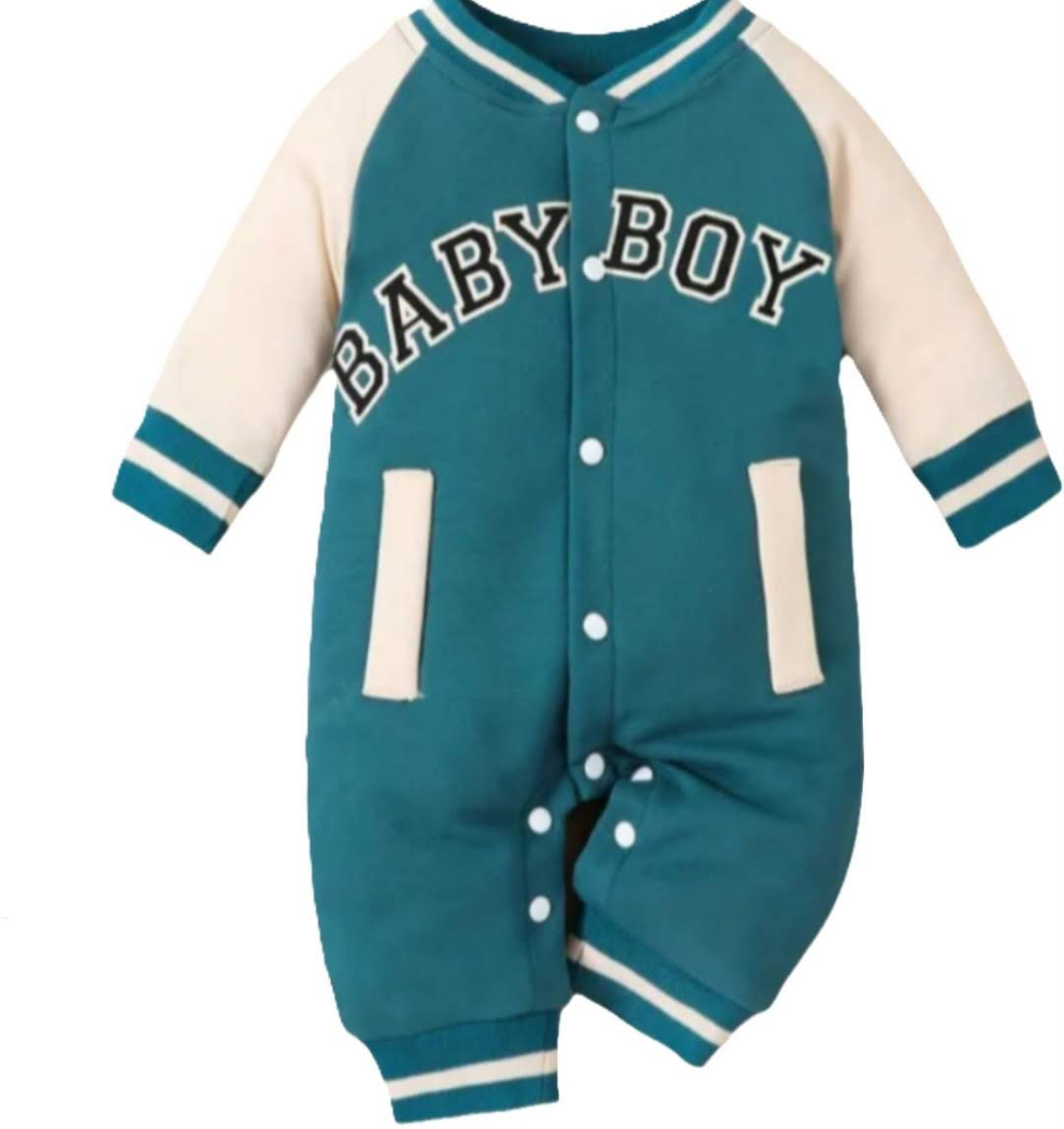 Baseball Jumpsuit "BABYBOY" groen met beige mouwen 