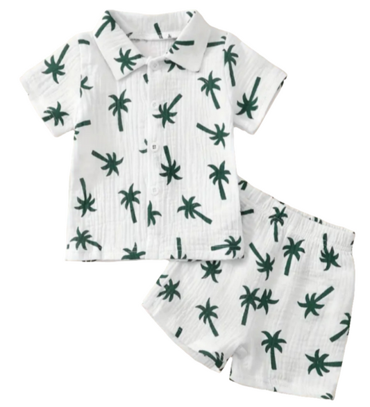 Set : blouse en korte broek met groene  palmenprint in crinckle katoen 