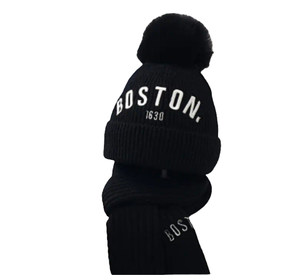 set muts en sjaal blauw,crème,koffie en zwart