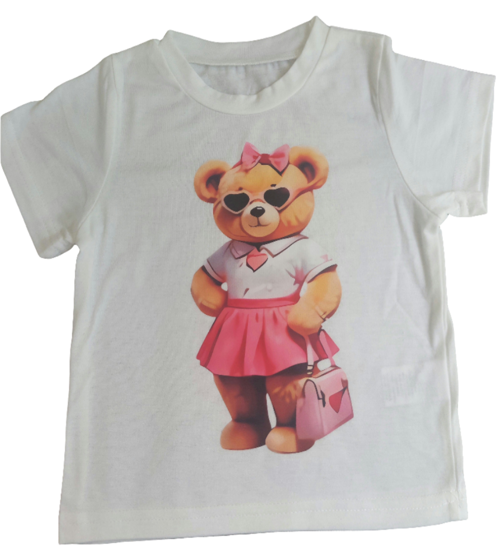 Shirt wit voor meisjes: beertje met roze tas en rokje 