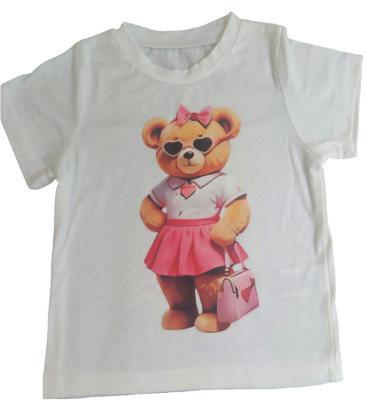 Shirt wit voor meisjes: beertje met roze tas en rokje 