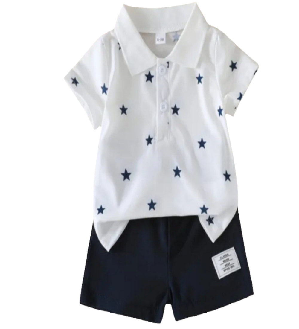  Set: Polo met short sterren  marineblauw met wit 