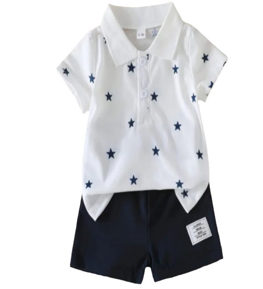  Set: Polo met short sterren  marineblauw met wit 