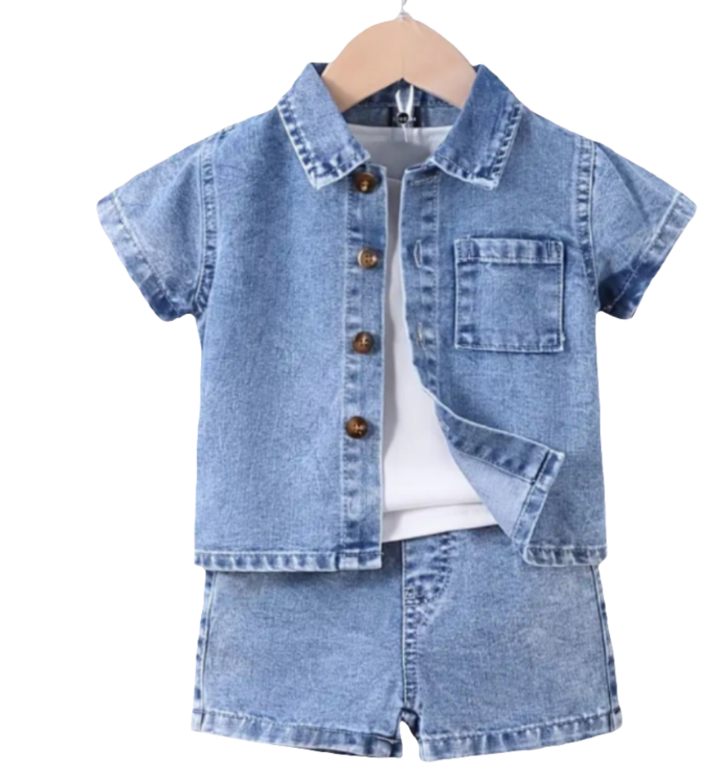 Denim set : Shirt met korte mouwen met short