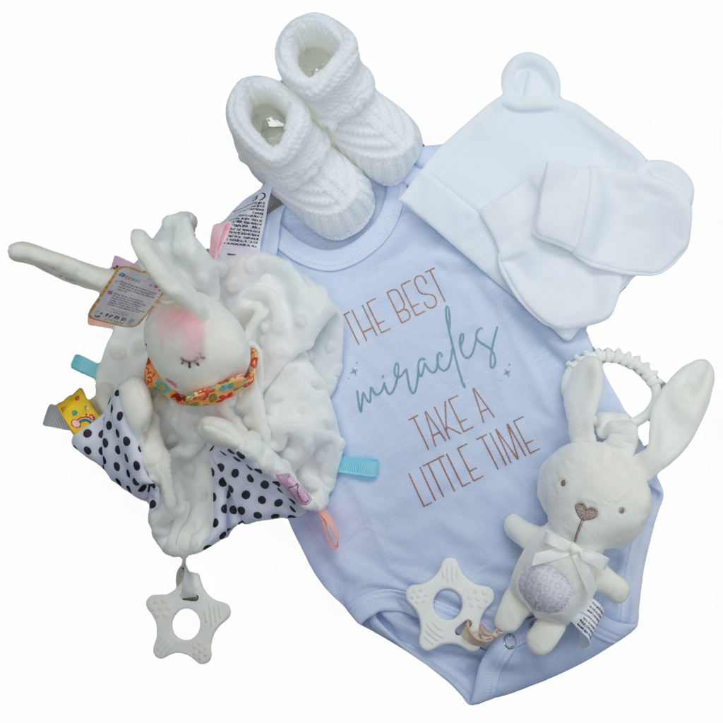 Een cadeaupakket wat feestelijk wordt opgemaakt in een cellofaan verpakking met raffia , lint en strikjes, Het pakket bevat: Een rompertje, slofjes, mutsje met wantjes ,een speeltje om op te hangen en een knuffellap met konijntje of ander beestje erop. Een mooi te geven of te ontvangen kraam of babyshowerkado.

