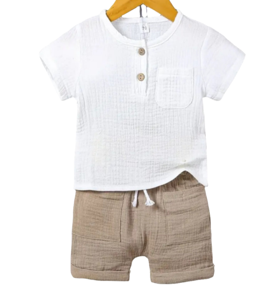 Set: shirt wit met short beige in crinckle katoen 