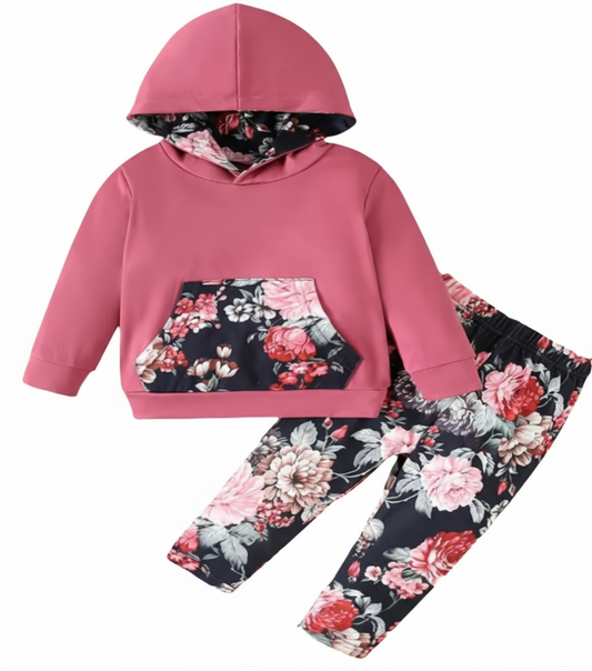 joggingpak roze met zwart met bloemen