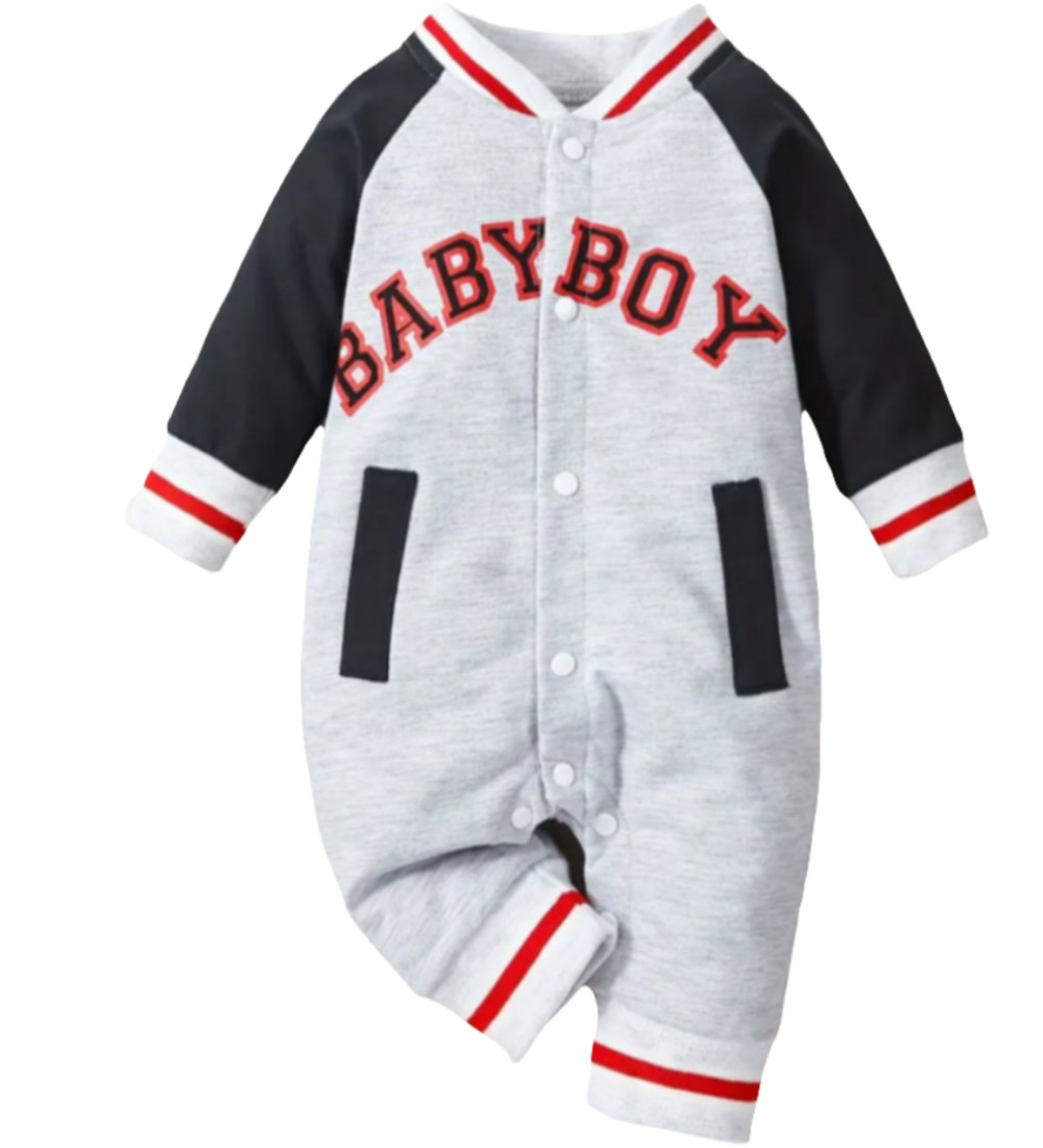Baseball Jumpsuit "BABYBOY" grijs met blauw mouwen en rode accenten 