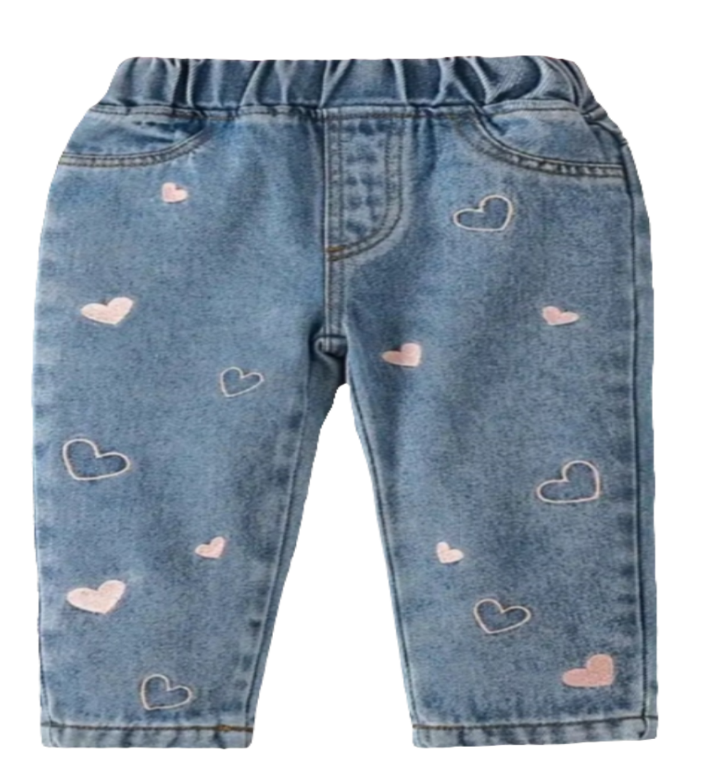 Jeans met roze geborduurde hartjes. Met elastische tailleband 