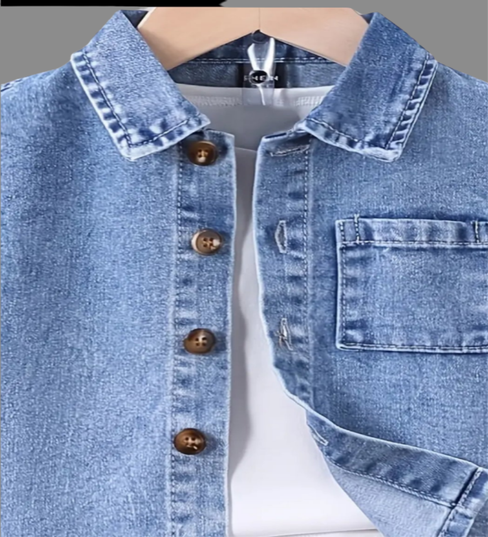 Denim set : Shirt met korte mouwen met short