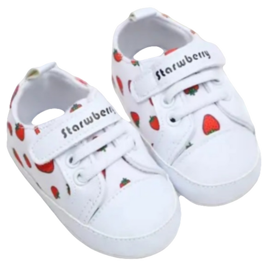 gymp wit met aardbei en klitteband ( leuk te combineren met de blouse wit met aardbei en  jeans)