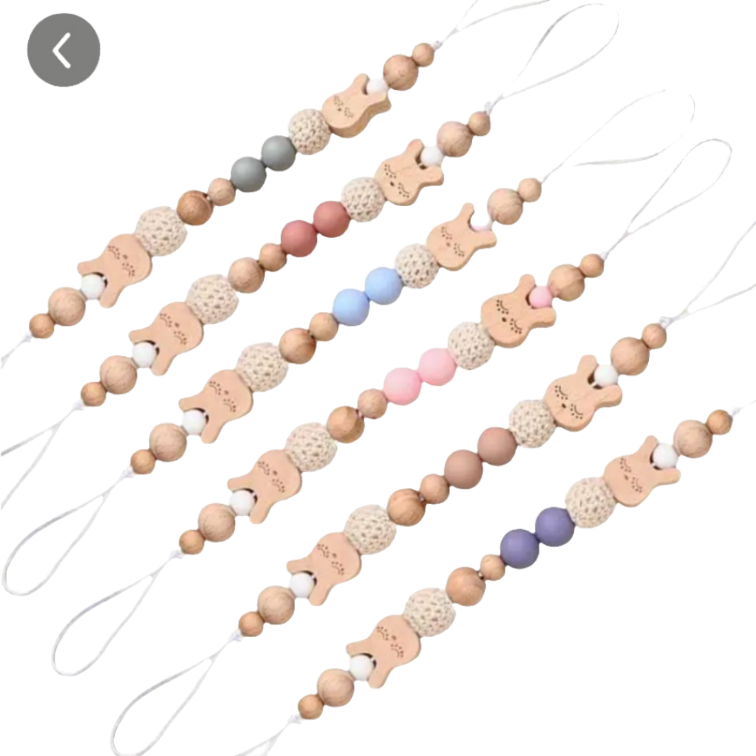 Een houten speenkoord met diertjes en balletjes leverbaar in:babyblauw, babyroze, oudroze, beige, grijs en.paars.