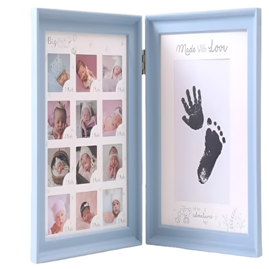 Fotolijst met hand /voetafdruk blauw 12 maanden