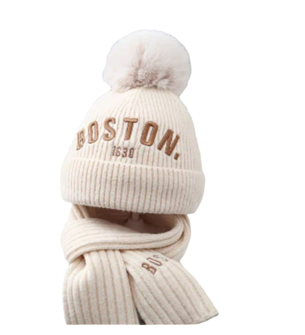 set muts en sjaal blauw,crème,koffie en zwart