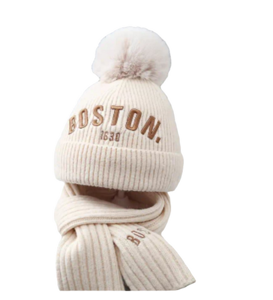 set muts en sjaal blauw,crème,koffie en zwart