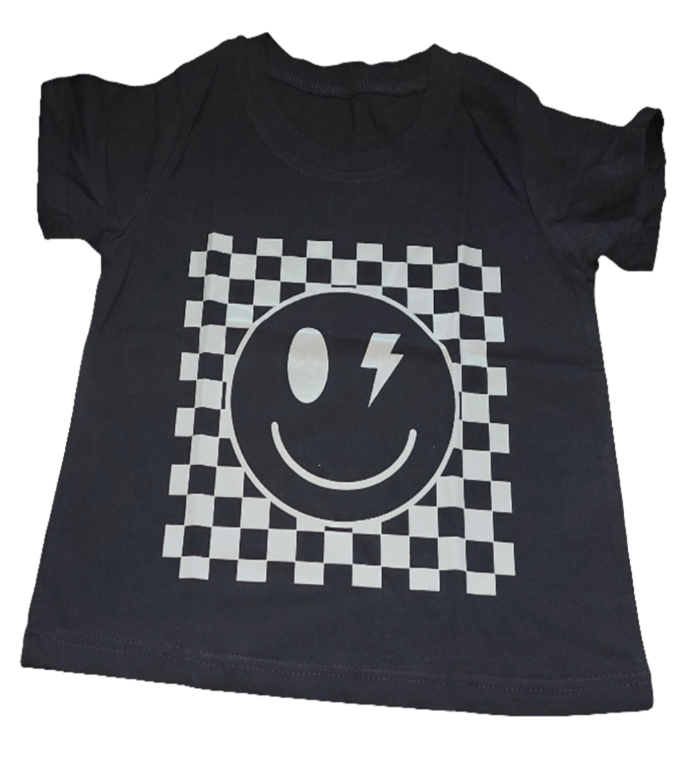 tshirt  urban / checkerboard stijl met smiley zwart wit 