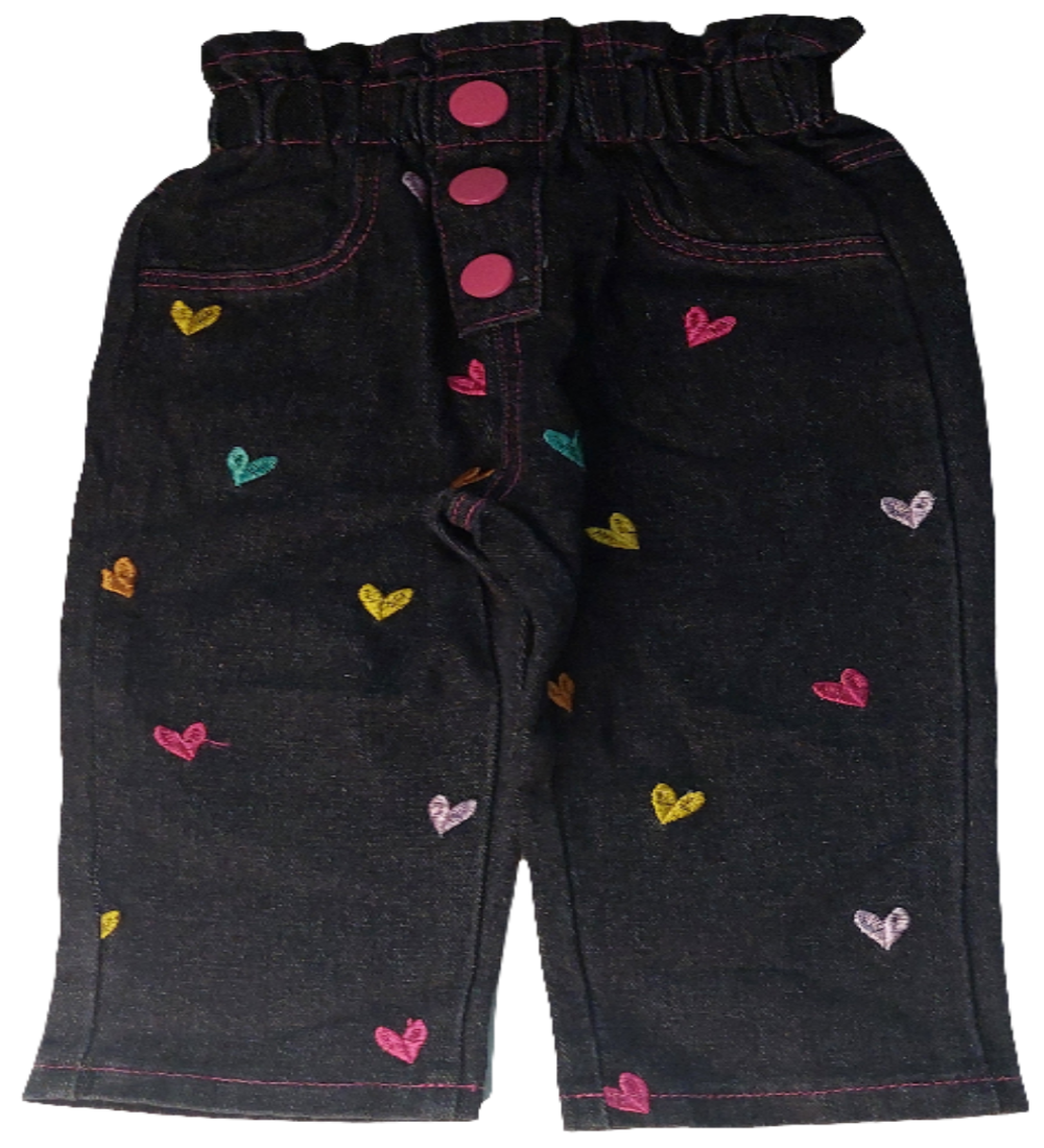 Denim jeans zwart met geborduurde hartjes( te combineren met jack en gympjes)