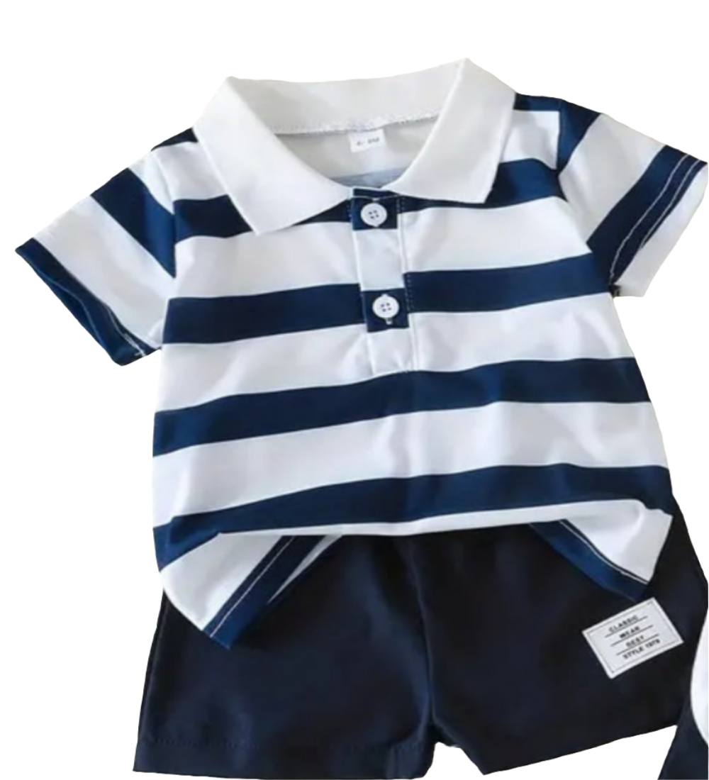 Set: Polo met short strepen marineblauw met wit 