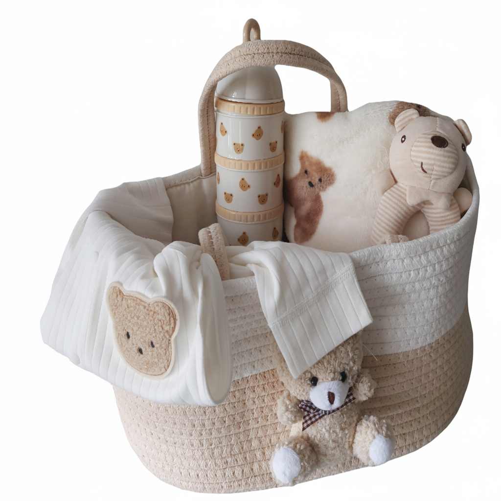 Pakket bestaat uit:

Grote opbergmand met beertje voor op de  commode 36 x 22 cm  

Dekentje met beertjes 100 x 80 cm 

Melkdispenserbakjes met beertjes

Boxpak met beertje van katoen 

Handramelaar beer van viscose 

 

