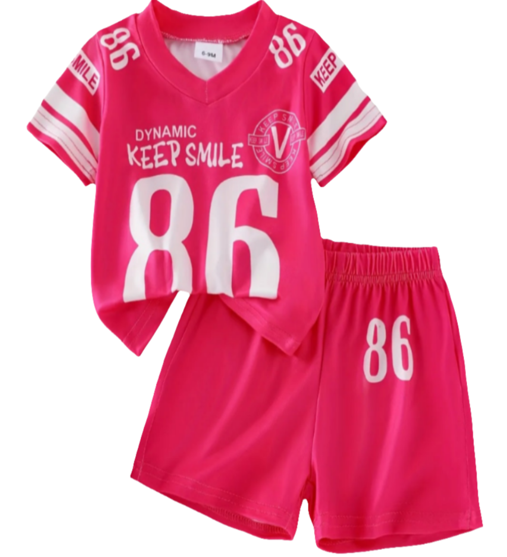 Baseball Shirt met short in roze " 86".  