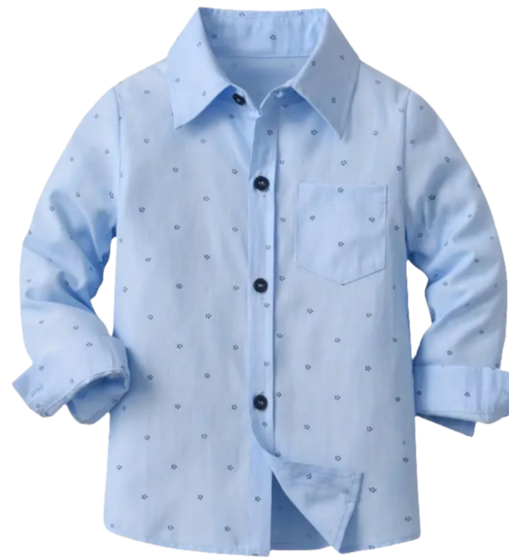 Overhemd voor jongens: lichtblauw met donkerblauwe stippen 