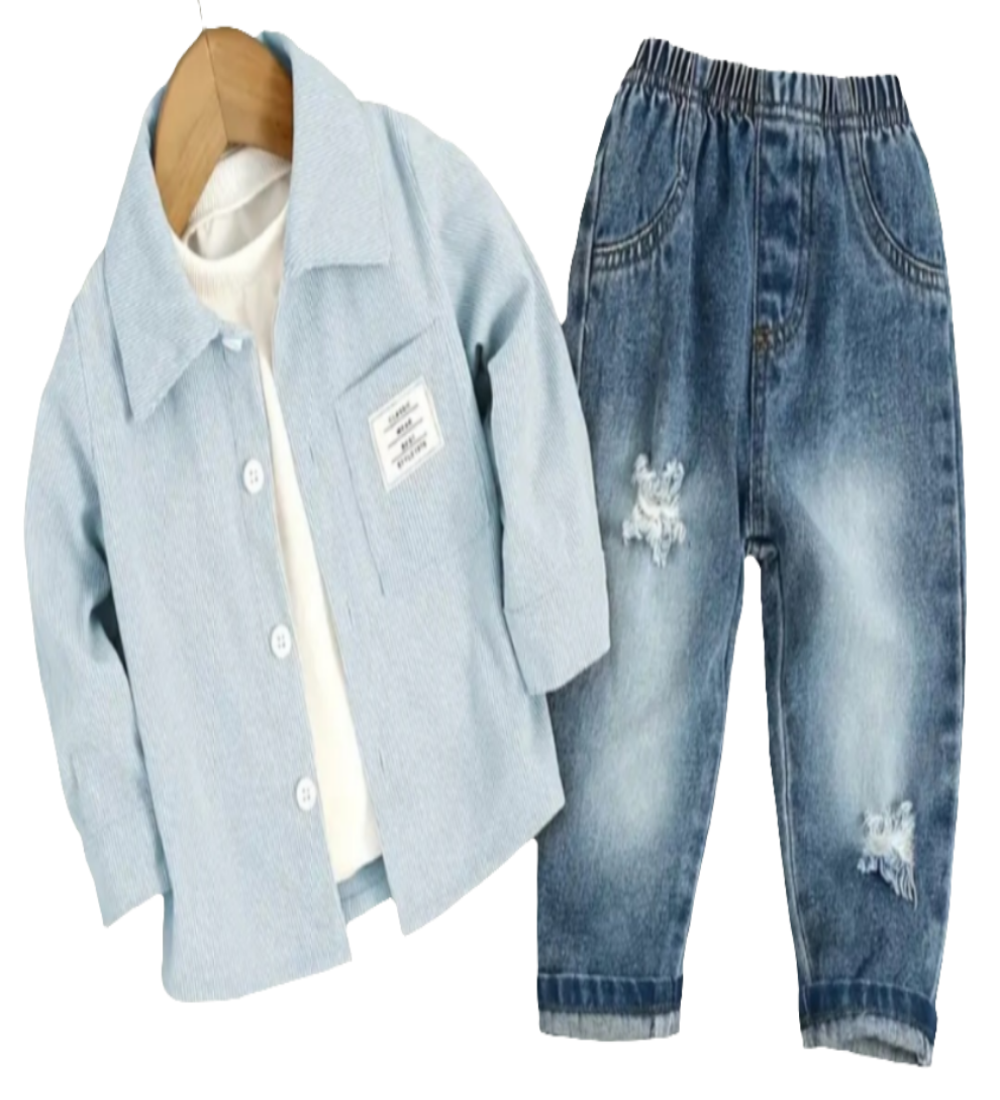 Overhemd lichtblauw in fijne rib en jeans met elastische tailleband 