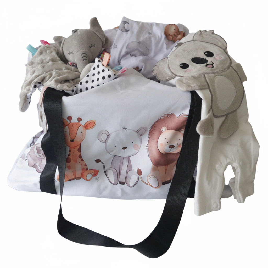 Pakket bestaat uit :

weekendtas 45 x 32 cm

hoesje voor wieg of aankleedkussen  41 x 66 cm 

Boxpakje met Koala 

knuffeldoekje met olifant  

 